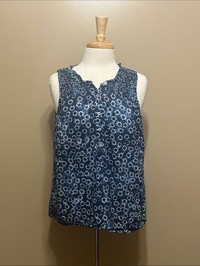 Talbots Navy Blue Printed Sleeveless Button-Front Top